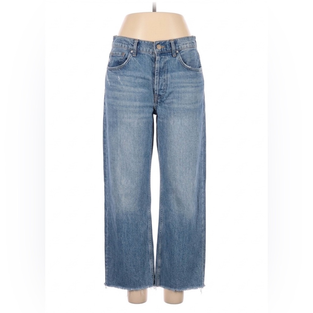 Anine Bing Cropped Wide Leg light blue jeans raw hem button up